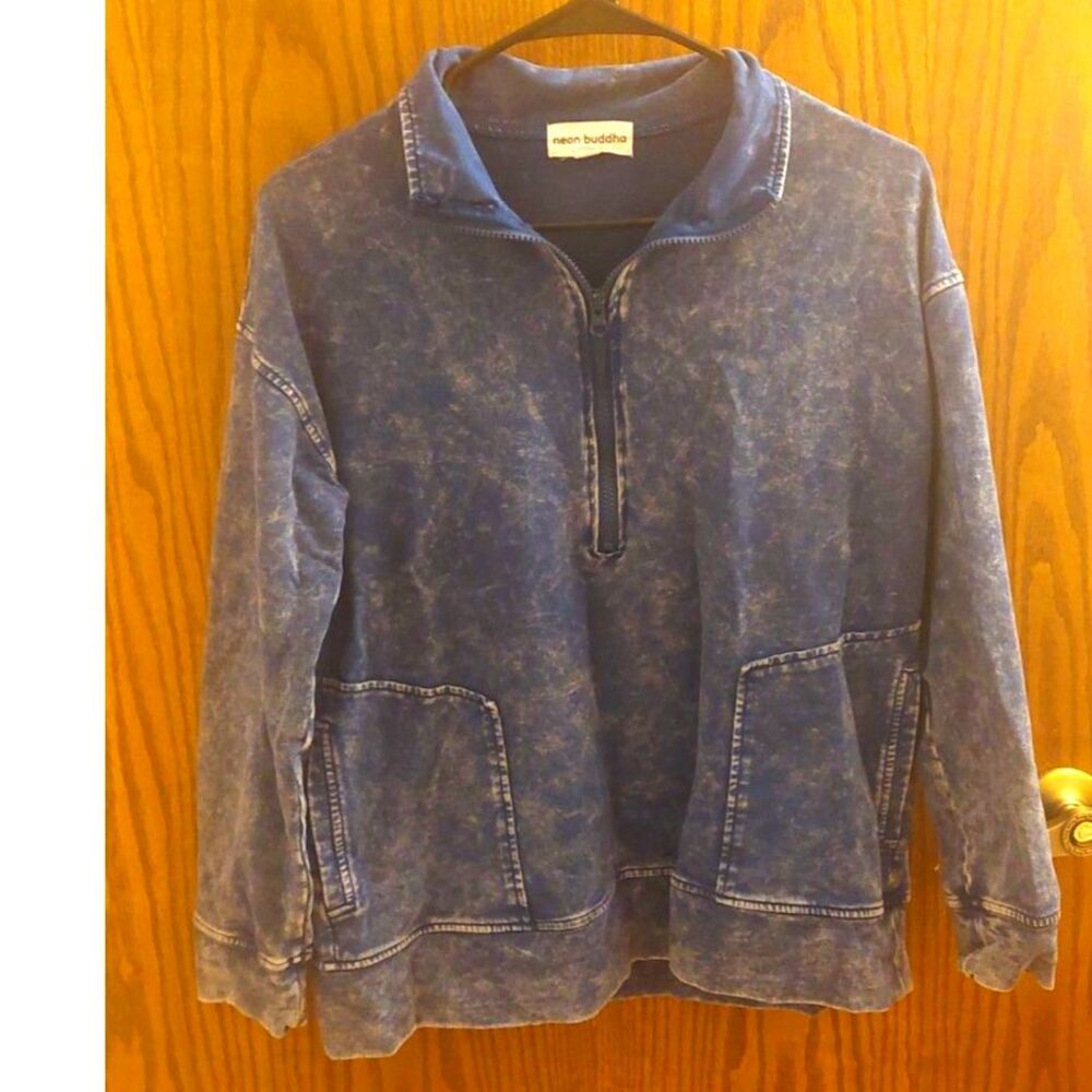 Neon Buddha Mineral Wash Quarter Zip Pullover Sweatshirt Blue Lagenlook M